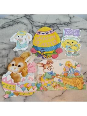 5  Vintage Paper Die Cut 2Sided Cardboard Easter BUNNY Eggs Chick Duck Crayola